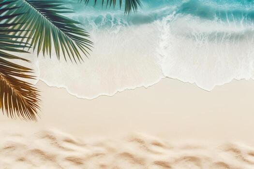 Tropical beach background with white sand, palm tree shadows,summer holiday background. photo