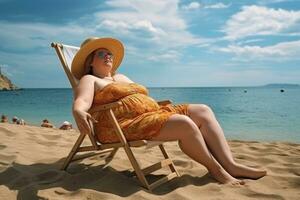 un muy grasa mujer disfruta su vacaciones. relajante en playa, en antecedentes playa y mar. ai generado foto