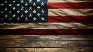 plano laico de madera escritorio con Estados Unidos bandera en el parte superior 4to de julio. ai generado foto