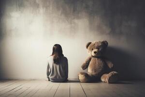 girl behind body with teddy bear sitting and facing an empty white wall in classroom. photo