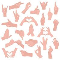 Set of various hand gestures. Vector illustration isolated on white background. Hands make gestures and symbols for communication. Language of the body.