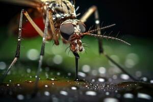 Macro shot of mosquito on human skin. Generative AI photo