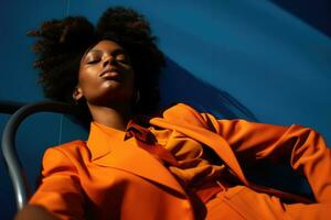 Fashion portrait of black woman on bright background. Generative AI photo