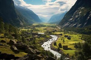 Green valley with beatiful view on river and mountains. photo