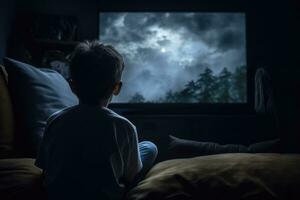 Boy sitting in front of tv set. Children addiction. Generative AI photo