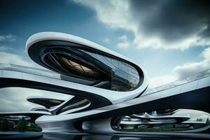 Futuristic building exterior. Modern architecture. Generative AI photo