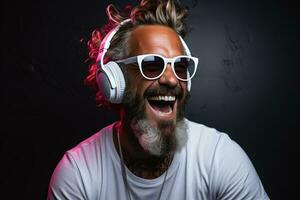 Neon portrait of bearded smiling man in headphones, sunglasses, white t-shirt. Listening to music. AI Generated photo