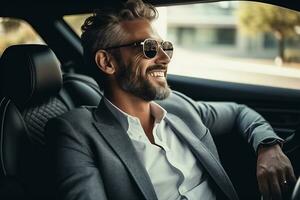 Attractive elegant happy man in good car. AI Generated photo