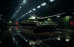 a large green tank in a dark room. AI Generated photo