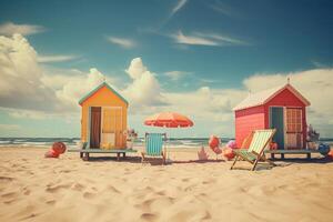 Small colorful beach houses on seashore. Summer holidays. Generative AI photo