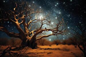Lonely dried tree in desert landscape at starry night. photo