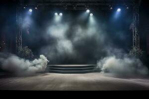 Empty musical scene with smoke and spotlights. Generative AI photo