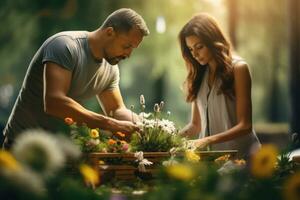 Pareja trabajando en jardín juntos, reunión flores generativo ai foto