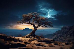 Lonely dried tree in desert landscape at starry night. Generative AI photo