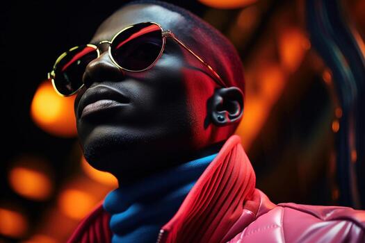 The retro wave or synth wave portrait of a young happy serious African man at studio. AI Generated photo