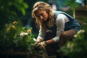 mujer trabajando en jardín, reunión flores generativo ai foto