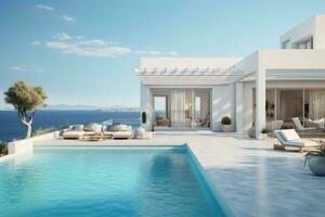 Luxury hotel resort exterior with swimming pool. Lounge zone. Generative AI photo