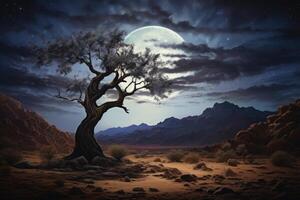 Lonely dried tree in desert landscape at starry night. Generative AI photo