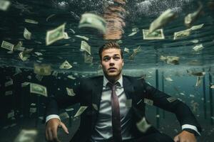 Businessman underwater in swimming pool with money. Generative AI photo