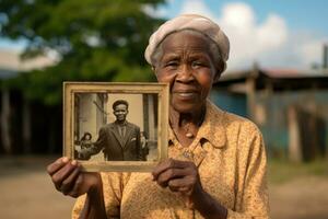 Elderly black woman holds an old photograph in her hands. Generative AI photo