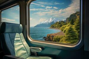 Empty train seats with snowy mountains landscape in window. Generative AI photo