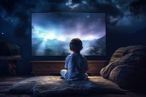 Boy sitting in front of tv set. Children addiction. Generative AI photo