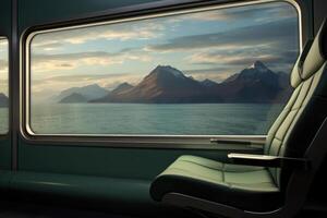 Empty train seats with snowy mountains landscape in window. Generative AI photo