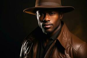 Portrait of a dark-skinned handsome man looking to the side. Dressed in a brown jacket and black hat. Portrait on black background. AI Generated photo