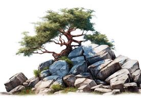 Tree and Rocks Isolated. Illustration AI Generative photo