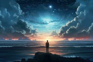 Silhouette of alone person looking at heaven. Generative AI photo