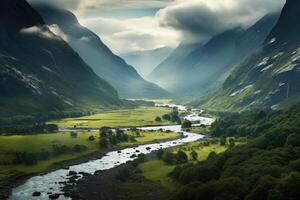 Green valley with beatiful view on river and mountains. Generative AI photo