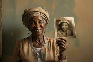 Elderly black woman holds an old photograph in her hands. Generative AI photo