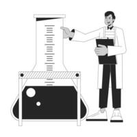 Control of experiment bw concept vector spot illustration. Excited chemist holding big flask 2D cartoon flat line monochromatic character for web UI design. Editable isolated outline hero image