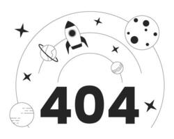 Rocket science black white error 404 flash message. Science and technology. Monochrome empty state ui design. Page not found popup cartoon image. Vector flat outline illustration concept