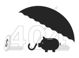 paraguas cubrir ahorros negro blanco error 404 destello mensaje. proteger finanzas desde riesgos monocromo vacío estado ui diseño. página no encontró surgir dibujos animados imagen. vector plano contorno ilustración concepto