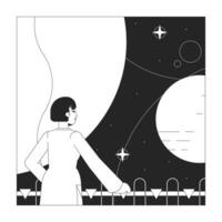 Scientist explore outer space bw concept vector spot illustration. Space program 2D cartoon flat line monochromatic character for web UI design. Editable isolated outline hero image