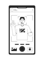 Taking photo on front camera bw concept vector spot illustration. Using gadget 2D cartoon flat line monochromatic object for web UI design. Editable isolated outline hero image