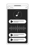 música aplicación en teléfono inteligente pantalla bw concepto vector Mancha ilustración. artilugio 2d dibujos animados plano línea monocromo objeto para web ui diseño. escuchando a música editable aislado contorno héroe imagen