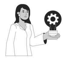 Female engineer bw concept vector spot illustration. Woman create mechanism inside light bulb 2D cartoon flat line monochromatic character for web UI design. Editable isolated outline hero image