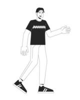 coreano hermoso masculino estudiante caminando plano línea negro blanco vector personaje. editable contorno lleno cuerpo persona. asiático joven hombre vagante sencillo dibujos animados aislado Mancha ilustración para web diseño