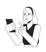 mujer señalando dedo en teléfono inteligente plano línea negro blanco vector personaje. editable contorno medio cuerpo persona. trabajando en teléfono inteligente sencillo dibujos animados aislado Mancha ilustración para web gráfico diseño