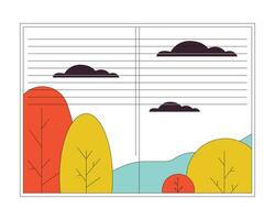 Autumn window flat line color isolated vector object. September trees. October scenery view. Editable clip art image on white background. Simple outline cartoon spot illustration for web design