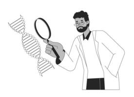 Scientist study DNA helix bw concept vector spot illustration. Biotechnology and engineering 2D cartoon flat line monochromatic character for web UI design. Editable isolated outline hero image