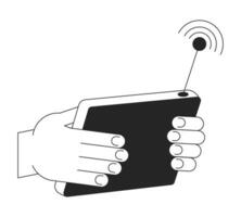 Wireless control console flat monochrome isolated vector object. Hand holding device. Editable black and white line art drawing. Simple outline spot illustration for web graphic design