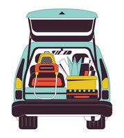 Car trunk with personal belongings flat line color isolated vector object. Packing for road trip. Editable clip art image on white background. Simple outline cartoon spot illustration for web design