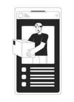 Online delivery by courier bw concept vector spot illustration. App for tracking packages 2D cartoon flat line monochromatic object for web UI design. Editable isolated outline hero image