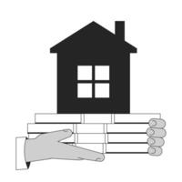 Hands holding cash ond house flat monochrome isolated vector object. Mortgage on property. Editable black and white line art drawing. Simple outline spot illustration for web graphic design