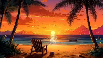 Anime background video of beautiful view sunset beach with bonfire, palm tree, sailboat, cartoon style fantasy, footage looping scenery 4k quality