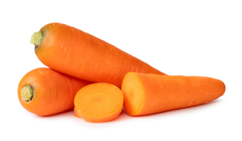 Two fresh orange carrots with slices in stack isolated with clipping path and shadow in png file format, Close up of healthy vegetable root