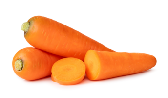 Two fresh orange carrots with slices in stack isolated with clipping path and shadow in png file format, Close up of healthy vegetable root